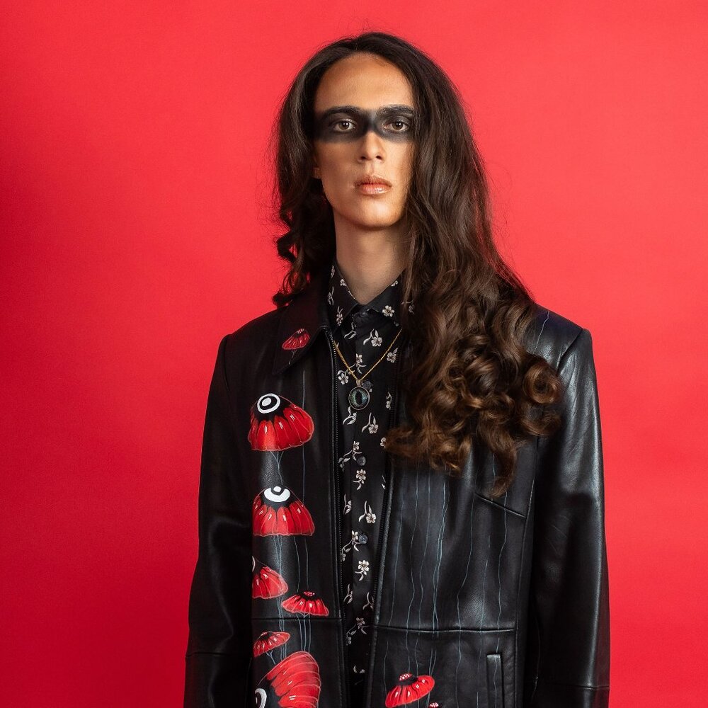 Hand-Painted Upcycled Unique Leather Jacket, "Shroomy," SPARK + REBEL - Size XL